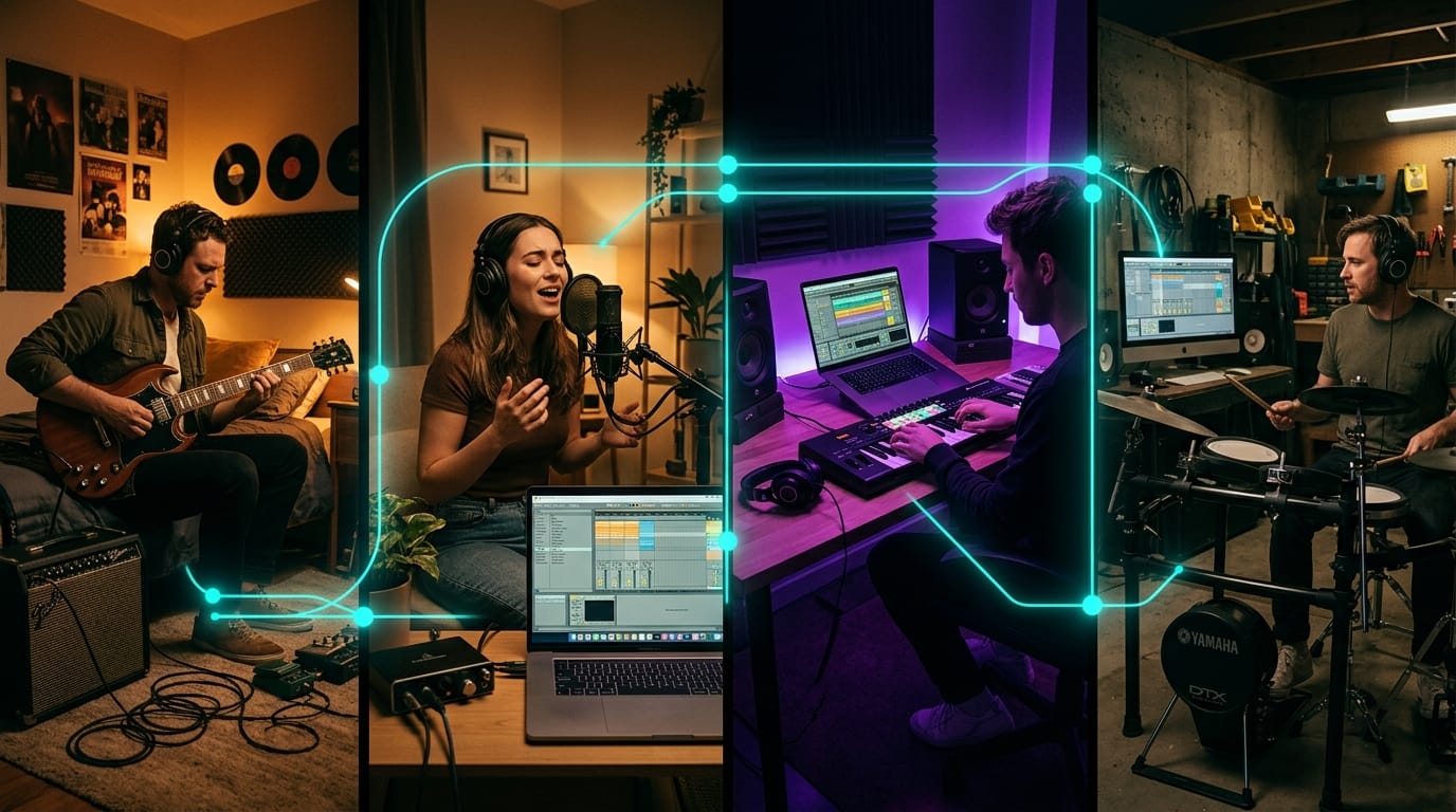 Music collaborators working remotely from separate studios, connected digitally